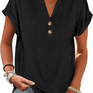 Comfortable Loose Fit Women's Black Henley Blouse - Perfect for Summer Outings